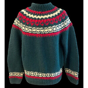 Vintage Hand Knit Sweater Fair Isle Jumper Mens L Green Red Chunky Wool Nordic